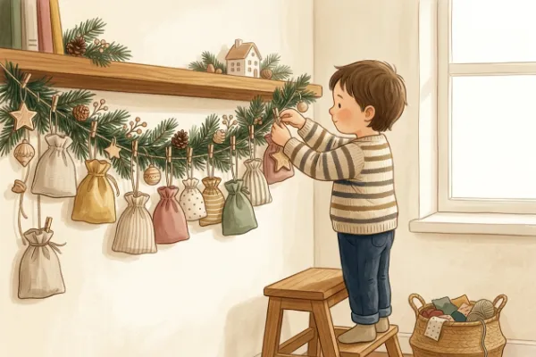 Kinderhände befestigen einen kleinen Holzstern an einem Adventskalender, um die Tage bis Weihnachten zu zählen.