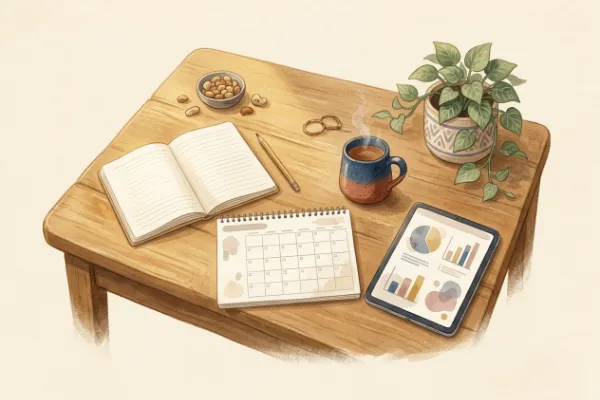 Haushaltsplanung für die Familie: Notizbuch, Kalender und Tablet mit Budgetübersicht auf dem Küchentisch