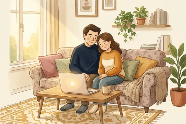 Illustration: Eltern tragen die Körpergrößen von Mutter und Vater in einen Größenrechner am Laptop ein