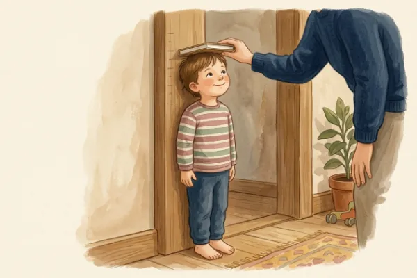 Kind steht barfuß am Türrahmen und lässt seine Körpergröße messen – Wie groß wird mein Kind?