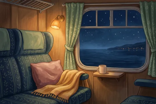 Warm beleuchtetes Zugabteil bei Nacht mit Kissen und Blick auf vorbeiziehende Lichter am Meer