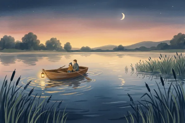 Kleines Holzboot mit Laterne auf einem stillen See im Abendlicht, Illustration zu einer Traumreise zum Vorlesen