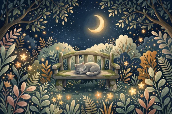 Illustration eines Gartens mit Blumen aus Sternenlicht und einem grauen Kater auf einer Moosbank