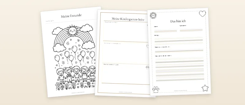 Freundebuch: Grundgerüst: Deckblatt und Freundeseite, Symbolseiten für den Kindergarten und Grundschul-Seiten mit Schreiblinien