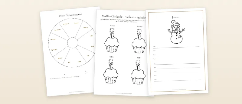Geburtstagskalender: Jahresrad mit Drehzeiger, Muffin-Girlande und Kita-Kalender mit großen Monatsbildern