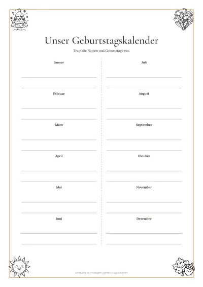 Vorlage: Grundschul-Kalender mit Schreiblinien