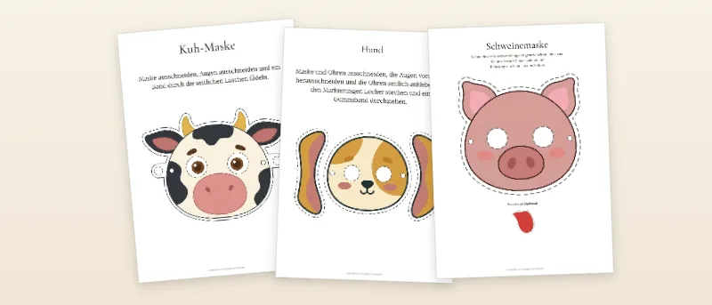 Tiermasken: Kuh, Hund und Schwein