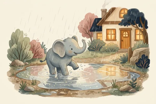 Illustration eines kleinen Elefanten, der in eine große Pfütze planscht – Vorlesegeschichte ab 2 Jahren