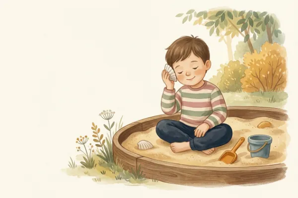Illustration eines Kindes mit einer Muschel am Ohr – Hörfassung einer Vorlesegeschichte ab 5 Jahren
