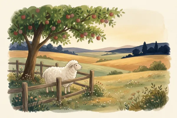 Illustration eines Schafs unter einem Apfelbaum auf einer Wiese – Vorlesegeschichte ab 4 Jahren