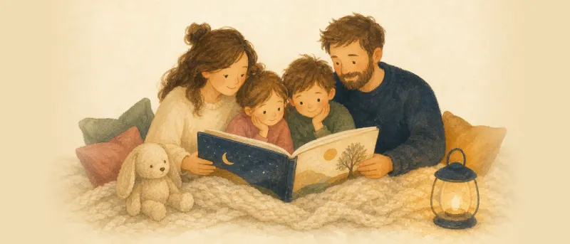 Vorlesegeschichten für Kinder: aufgeschlagenes Bilderbuch und Kuscheltier auf einer Decke
