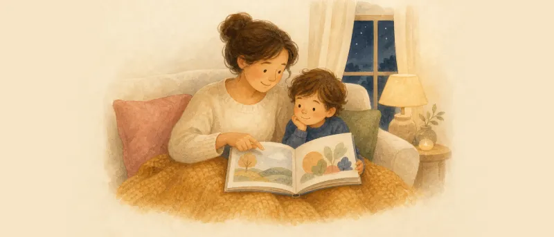 Eltern und Kind kuscheln beim Vorlesen mit einem Bilderbuch auf dem Sofa