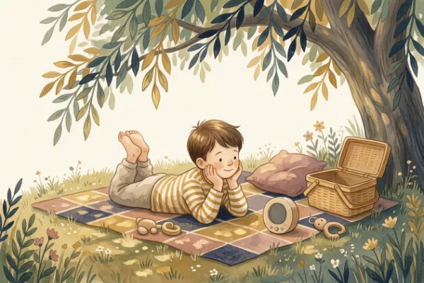 Ein Junge hört auf einer Picknickdecke im Garten eine Geschichte – Hörgeschichte mit dem Namen Alexander