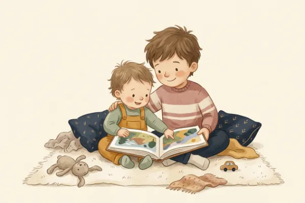 Illustration von zwei Kindern, die gemeinsam ein Bilderbuch anschauen, als Motiv zu Geschwisternamen für Ali