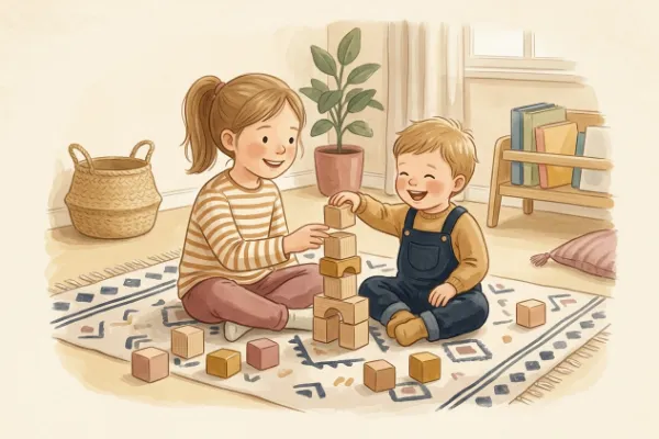 Zwei Geschwisterkinder stapeln Holzbausteine auf dem Teppich – Ideen für passende Geschwisternamen zu Alma