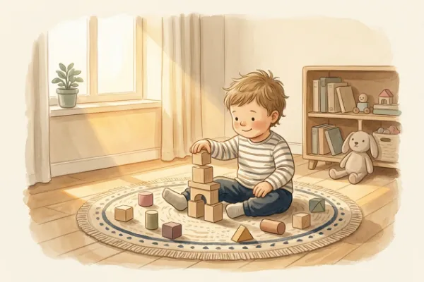 Ein kleiner Junge stapelt Holzbausteine im Kinderzimmer – passend zu altdeutschen Jungennamen wie Karl und Otto.