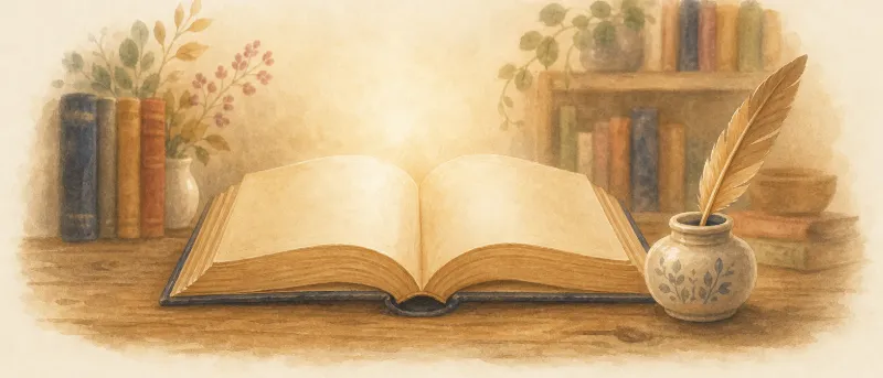 Aufgeschlagenes altes Buch mit Federkiel für altdeutsche Jungennamen und deren Bedeutungen auf einem Holztisch.