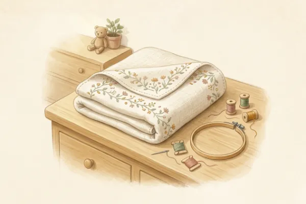 Bestickte Babydecke mit zarten Pflanzenmotiven auf einer Holzkommode für altdeutsche Mädchennamen