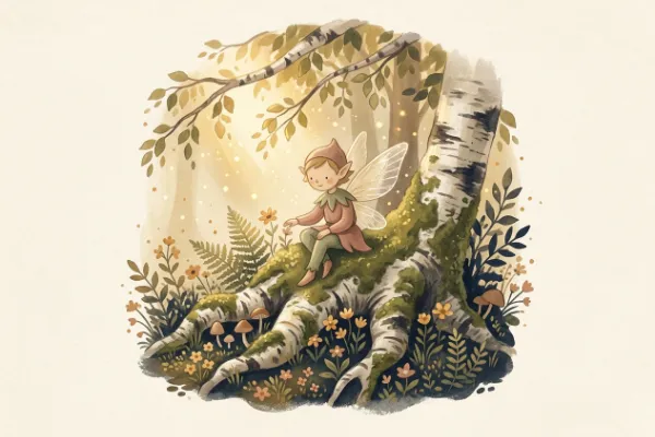 Stilisierte Elfe zwischen Farn und Birken – Illustration zur Herkunft des Vornamens Alva