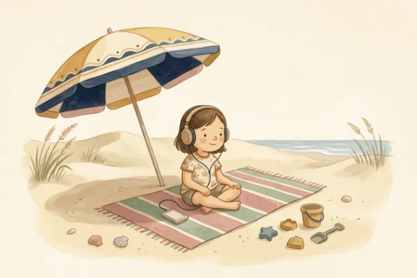 Ein Mädchen hört im Urlaub im Schatten eine Geschichte – Hörgeschichte mit dem Namen Amelie