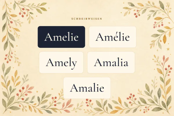 Der Vorname Amelie in verschiedenen Schreibweisen: Amelie, Amélie, Amely, Amalia, Amalie