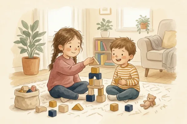 Zwei Geschwisterkinder spielen fröhlich mit Holzbausteinen – Namenssuche für Geschwister zum Namen Andreas.
