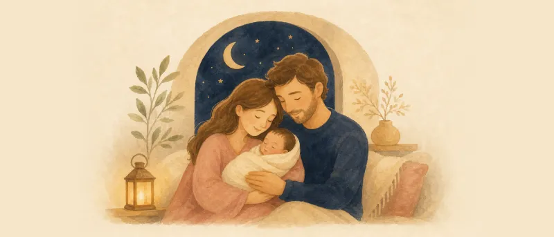 Eltern halten ihr neugeborenes Baby liebevoll im Arm vor einem Fenster mit Mondsichel – Inspiration für arabische Jungennamen.