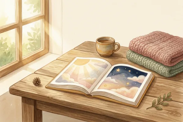 Aufgeschlagenes Bilderbuch mit Sternen und hellen Sonnenstrahlen – Illustration zur Hörprobe mit dem Namen Aurora
