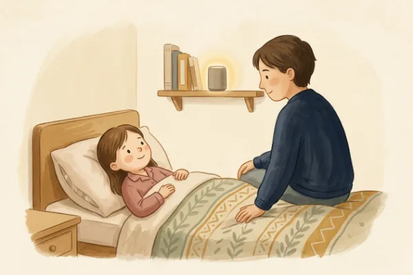 Ein Mädchen hört abends im Bett mit Mama oder Papa eine Geschichte – Hörgeschichte mit dem Namen Ava