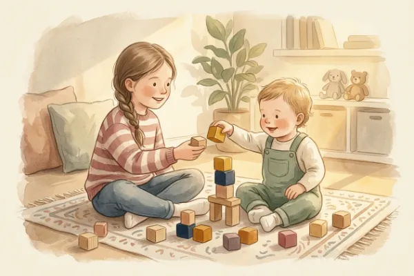 Zwei Geschwisterkinder spielen friedlich mit Holzbausteinen – Geschwister- und Zweitnamen für Benjamin.