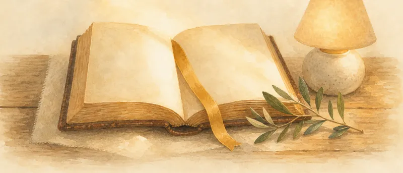 Aufgeschlagenes Buch mit Lesezeichen und Olivenzweig im sanften Licht – biblische Namen im Überblick.