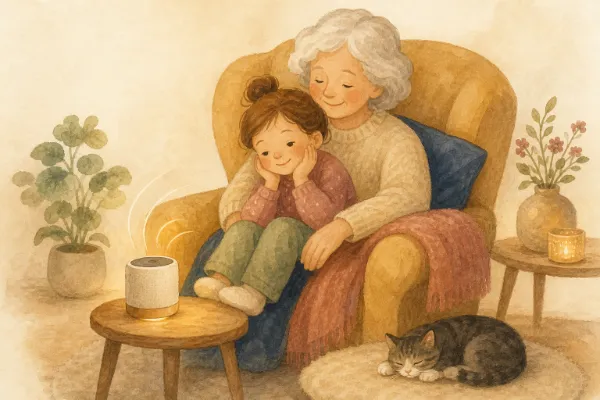 Ein Mädchen hört mit Oma oder Opa im Sessel eine Geschichte – Hörgeschichte mit dem Namen Carla