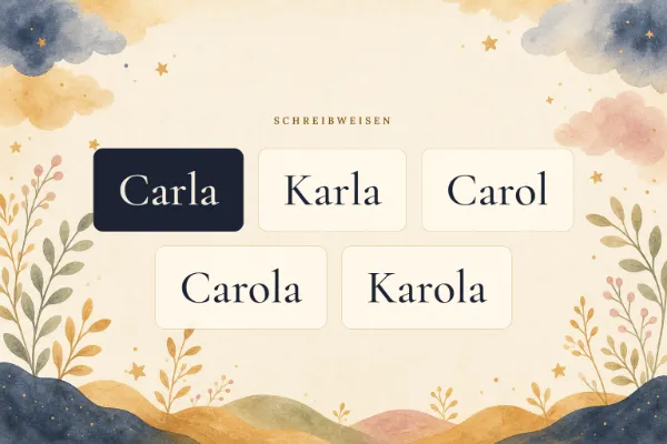 Der Vorname Carla in verschiedenen Schreibweisen: Carla, Karla, Carol, Carola, Karola