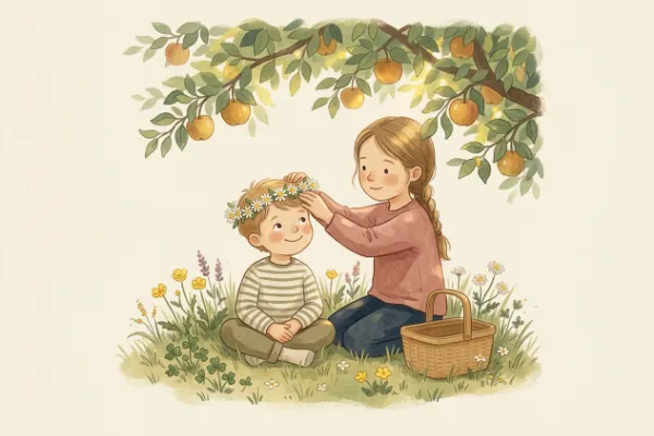 Illustration von zwei Geschwisterkindern mit Blumenkranz – Ideen für Geschwisternamen zu Charlotte