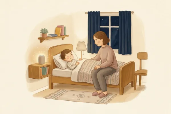 Ein Junge hört abends im Bett mit Mama oder Papa eine Geschichte – Hörgeschichte mit dem Namen Daniel