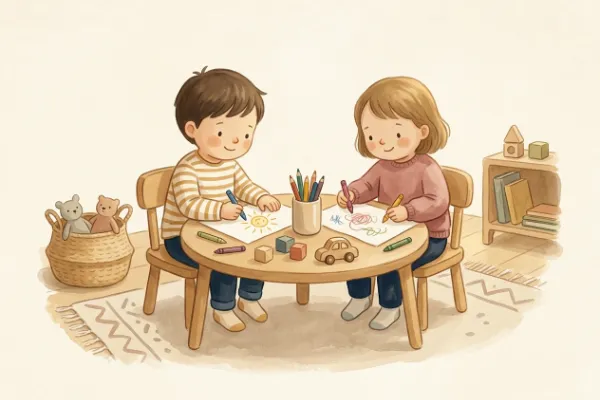 Zwei Kinder sitzen fröhlich am Holztisch und malen bunte Bilder zum Vornamen David