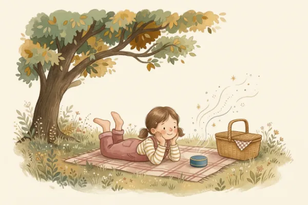 Ein Mädchen hört auf einer Picknickdecke im Garten eine Geschichte – Hörgeschichte mit dem Namen Elena