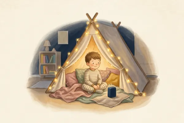 Ein Junge hört im Kinderzimmer unter Lichterketten eine Geschichte – Hörgeschichte mit dem Namen Elias