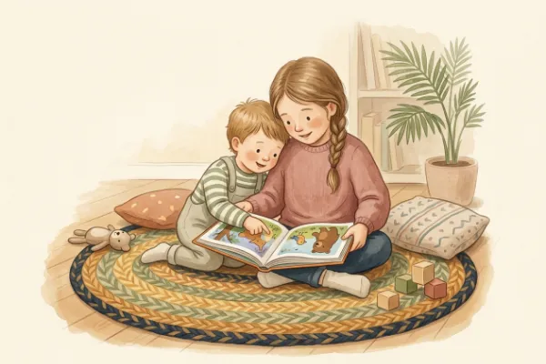 Illustration zweier Geschwisterkinder beim gemeinsamen Betrachten eines Bilderbuchs – Geschwisternamen zu Elif