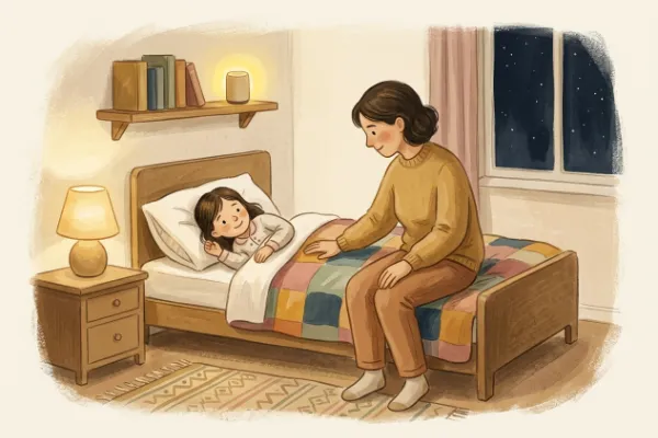 Ein Mädchen hört abends im Bett mit Mama oder Papa eine Geschichte – Hörgeschichte mit dem Namen Elif