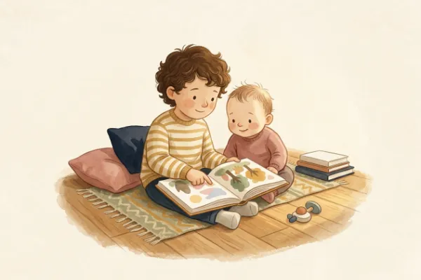 Illustration zweier Geschwisterkinder, die nebeneinander sitzen – Idee für Geschwisternamen zu Elina