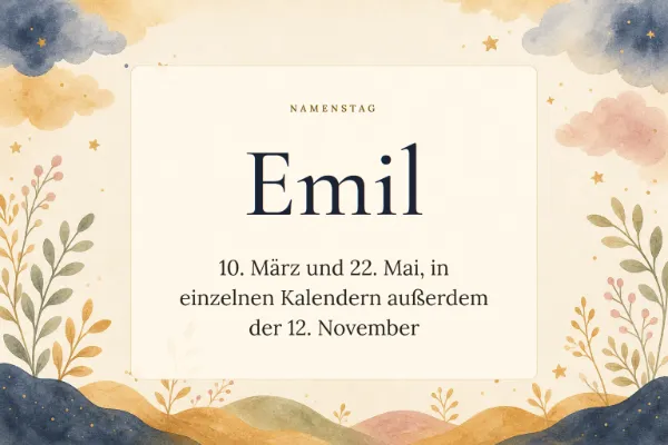 Karte zum Namenstag von Emil: 10. März und 22. Mai, in einzelnen Kalendern außerdem der 12. November