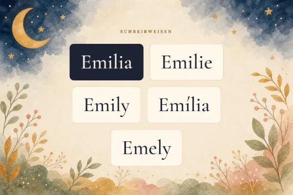 Der Vorname Emilia in verschiedenen Schreibweisen: Emilia, Emilie, Emily, Emília, Emely