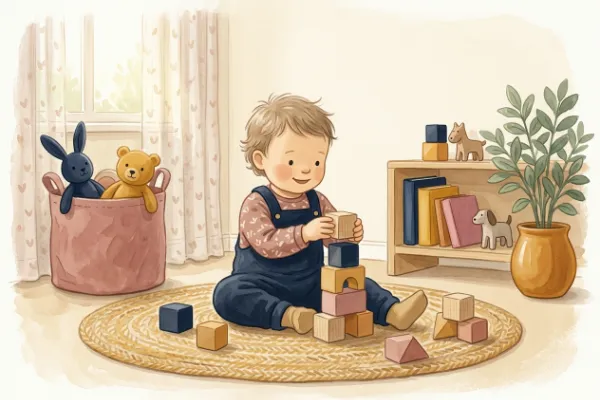 Fröhliches Kleinkind stapelt Holzbausteine im Kinderzimmer – Inspiration für englische Jungennamen.