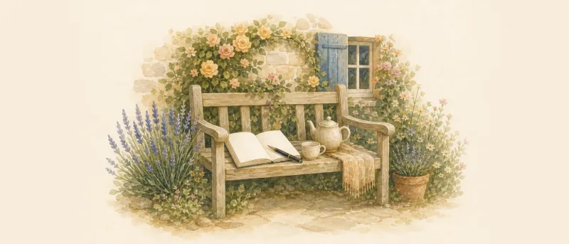 Englische Jungennamen: Gartenbank mit Notizbuch und Teekanne vor Kletterrosen in einem englischen Cottage-Garten