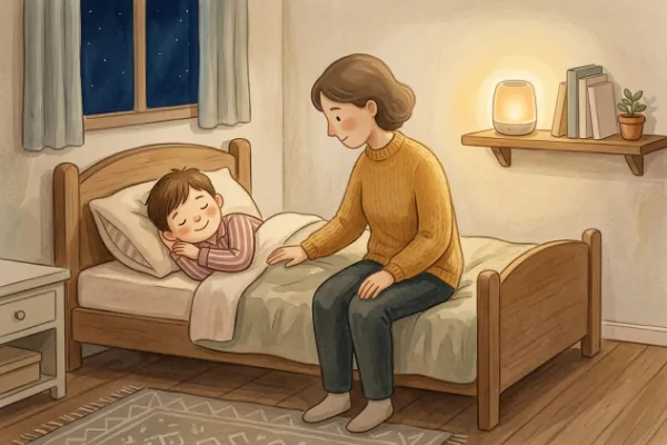 Ein Junge hört abends im Bett mit Mama oder Papa eine Geschichte – Hörgeschichte mit dem Namen Erik