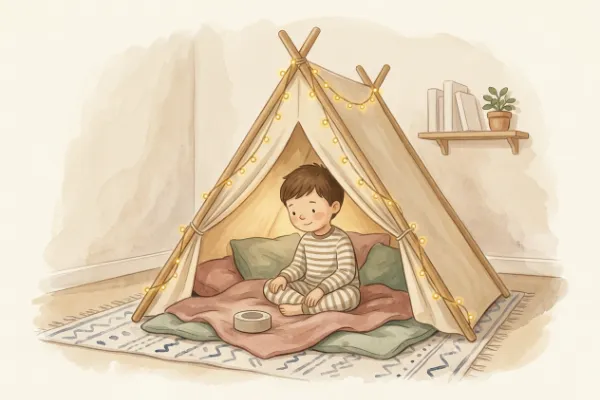 Ein Junge hört im Kinderzimmer unter Lichterketten eine Geschichte – Hörgeschichte mit dem Namen Fabian