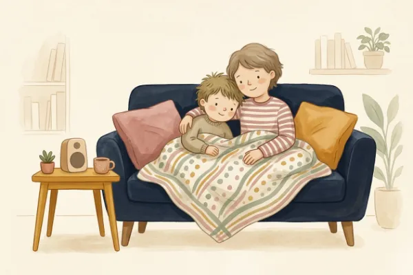 Ein Junge hört mit dem Geschwisterkind auf dem Sofa eine Geschichte – Hörgeschichte mit dem Namen Finn