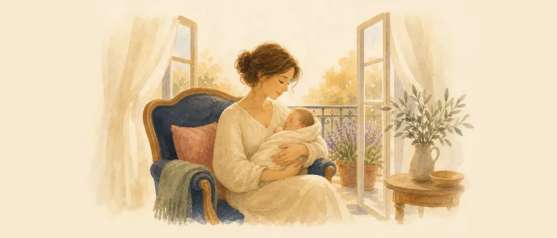 Mutter mit Baby an einem sonnigen französischen Balkon mit Lavendel – Inspiration für französische Mädchennamen.