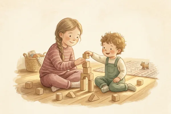 Zwei fröhliche Geschwisterkinder spielen mit Holzbausteinen – Namensideen für Frieda und ihren Bruder.